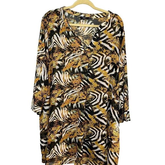 Cocomo Top Women 2X Yellow Pullover Animal Print Sheer Tunic Safari Beach Twee - Picture 1 of 9